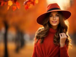 European woman in emotional dynamic pose on autumn background AI Generative photo