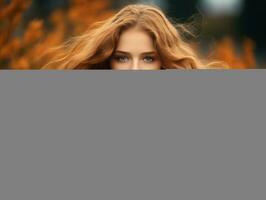 European woman in emotional dynamic pose on autumn background AI Generative photo