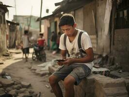 adolescente desde Colombia utilizando un teléfono inteligente para jugando juegos ai generativo foto