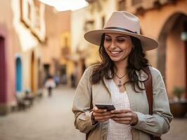 mujer desde Colombia utilizando teléfono inteligente para en línea comunicación ai generativo foto