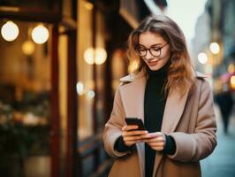 mujer desde Colombia utilizando teléfono inteligente para en línea comunicación ai generativo foto