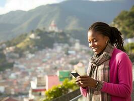 mujer desde Colombia utilizando teléfono inteligente para en línea comunicación ai generativo foto