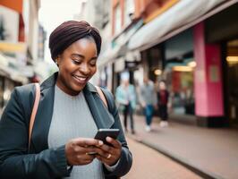 mujer desde Colombia utilizando teléfono inteligente para en línea comunicación ai generativo foto