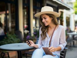 mujer desde Colombia utilizando teléfono inteligente para en línea comunicación ai generativo foto