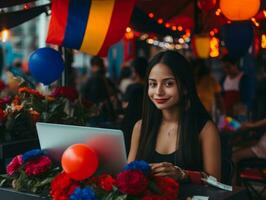 Woman from Colombia working on a laptop in a vibrant urban setting AI Generative photo