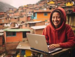 mujer desde Colombia trabajando en un ordenador portátil en un vibrante urbano ajuste ai generativo foto