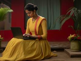 Woman from Colombia working on a laptop in a vibrant urban setting AI Generative photo