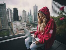 Woman from Colombia working on a laptop in a vibrant urban setting AI Generative photo