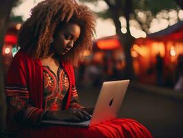 Woman from Colombia working on a laptop in a vibrant urban setting AI Generative photo