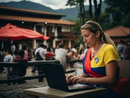 Woman from Colombia working on a laptop in a vibrant urban setting AI Generative photo