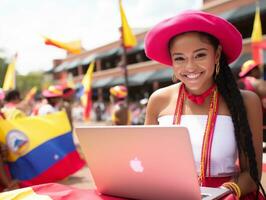 Woman from Colombia working on a laptop in a vibrant urban setting AI Generative photo