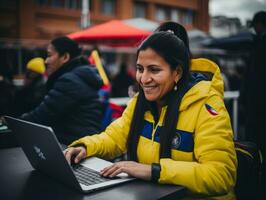 Woman from Colombia working on a laptop in a vibrant urban setting AI Generative photo