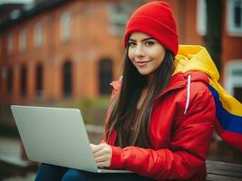 Woman from Colombia working on a laptop in a vibrant urban setting AI Generative photo