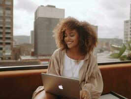 Woman from Colombia working on a laptop in a vibrant urban setting AI Generative photo