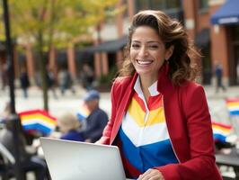 Woman from Colombia working on a laptop in a vibrant urban setting AI Generative photo