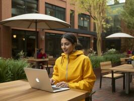 Woman from Colombia working on a laptop in a vibrant urban setting AI Generative photo