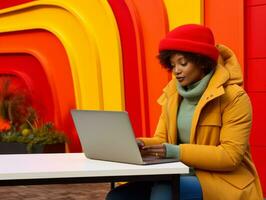 Woman from Colombia working on a laptop in a vibrant urban setting AI Generative photo