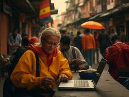 Woman from Colombia working on a laptop in a vibrant urban setting AI Generative photo