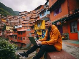 Colombian man working on a laptop in a vibrant urban setting AI Generative photo