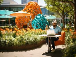 Colombian man working on a laptop in a vibrant urban setting AI Generative photo