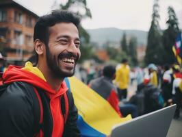 Colombian man working on a laptop in a vibrant urban setting AI Generative photo