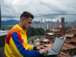 Colombian man working on a laptop in a vibrant urban setting AI Generative photo