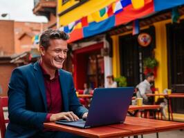 Colombian man working on a laptop in a vibrant urban setting AI Generative photo