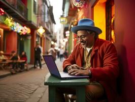 Colombiana hombre trabajando en un ordenador portátil en un vibrante urbano ajuste ai generativo foto