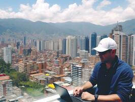 Colombian man working on a laptop in a vibrant urban setting AI Generative photo