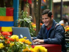 Colombian man working on a laptop in a vibrant urban setting AI Generative photo