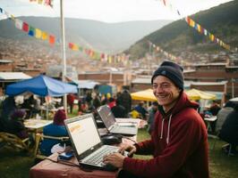 Colombian man working on a laptop in a vibrant urban setting AI Generative photo