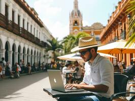 Colombian man working on a laptop in a vibrant urban setting AI Generative photo