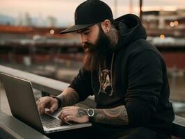 Colombian man working on a laptop in a vibrant urban setting AI Generative photo