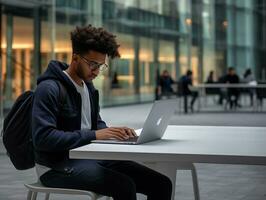 Colombian man working on a laptop in a vibrant urban setting AI Generative photo