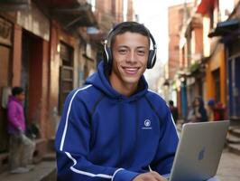 Colombian teenager working on a laptop in a vibrant urban setting AI Generative photo