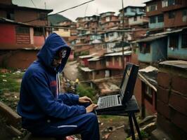 Colombian teenager working on a laptop in a vibrant urban setting AI Generative photo