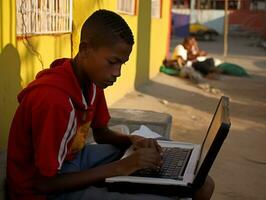 Colombian teenager working on a laptop in a vibrant urban setting AI Generative photo