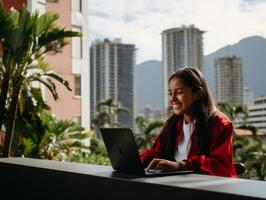 Colombiana adolescente trabajando en un ordenador portátil en un vibrante urbano ajuste ai generativo foto