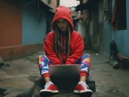 Colombiana adolescente trabajando en un ordenador portátil en un vibrante urbano ajuste ai generativo foto