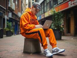 Colombian teenager working on a laptop in a vibrant urban setting AI Generative photo