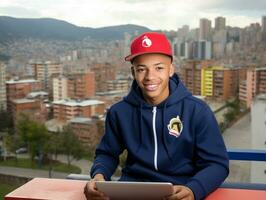 Colombian teenager working on a laptop in a vibrant urban setting AI Generative photo