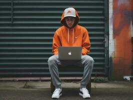 Colombian teenager working on a laptop in a vibrant urban setting AI Generative photo