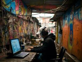 Colombian teenager working on a laptop in a vibrant urban setting AI Generative photo