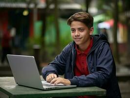 Colombian teenager working on a laptop in a vibrant urban setting AI Generative photo