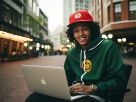 Colombian teenager working on a laptop in a vibrant urban setting AI Generative photo