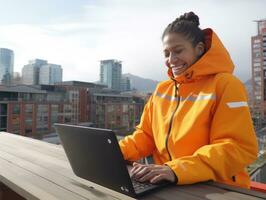 Colombiana adolescente trabajando en un ordenador portátil en un vibrante urbano ajuste ai generativo foto