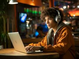 Colombian teenager working on a laptop in a vibrant urban setting AI Generative photo