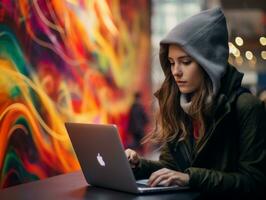 Colombian teenager working on a laptop in a vibrant urban setting AI Generative photo