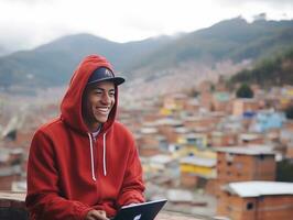 Colombian teenager working on a laptop in a vibrant urban setting AI Generative photo