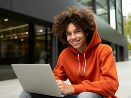 Colombian teenager working on a laptop in a vibrant urban setting AI Generative photo